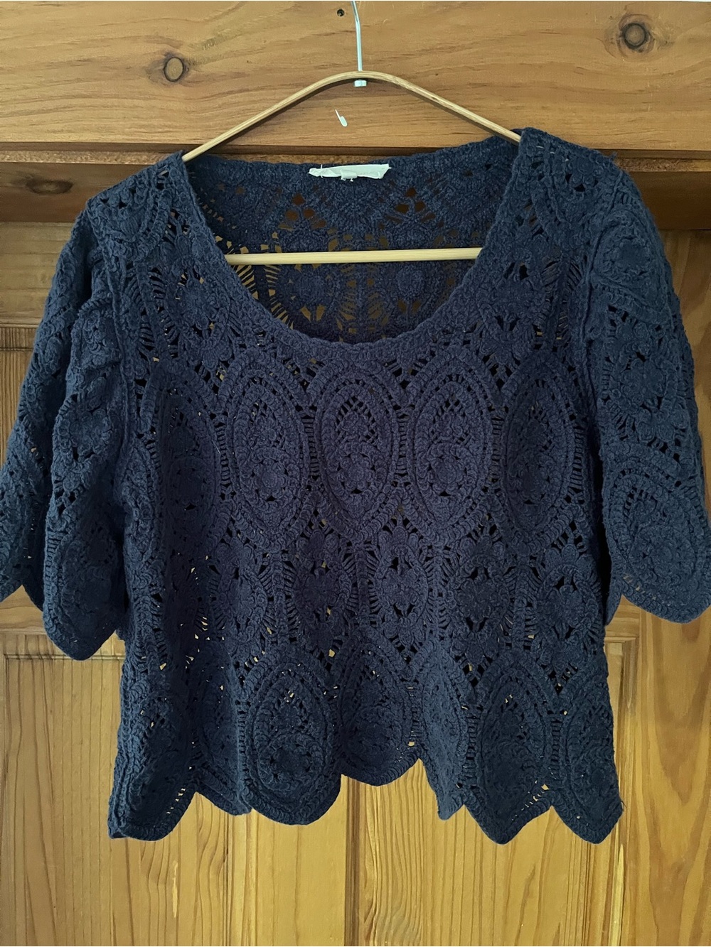 Crochet 100% Cotton Lace Boxy Cropped Top - Navy -